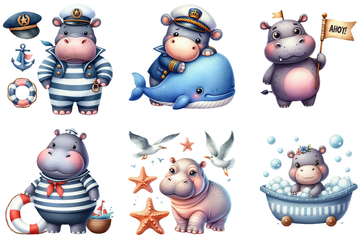 Hippo Clipart Sea Captain Baby Room, an Illustration by DreamArtGraphic (Photo 4 of 5)