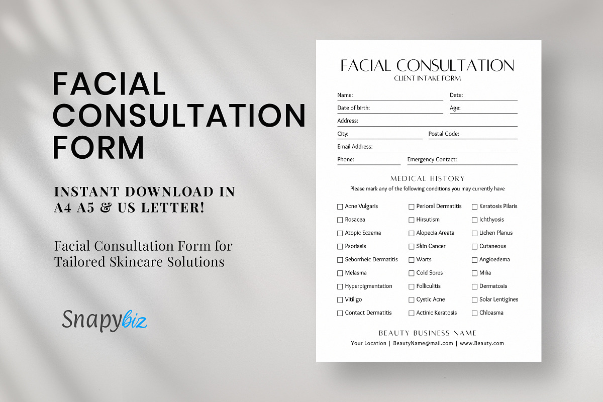 Facial Consultation Form Pdf, a Stationery Template by Snapybiz (Photo 1 of 10)