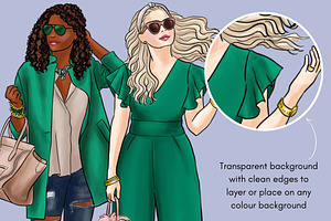 Girls In Green 3 Fashion Clipart Set