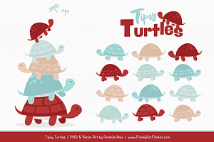 Red & Robin Egg Turtle Stack Clipart, an Illustration by Amanda Ilkov