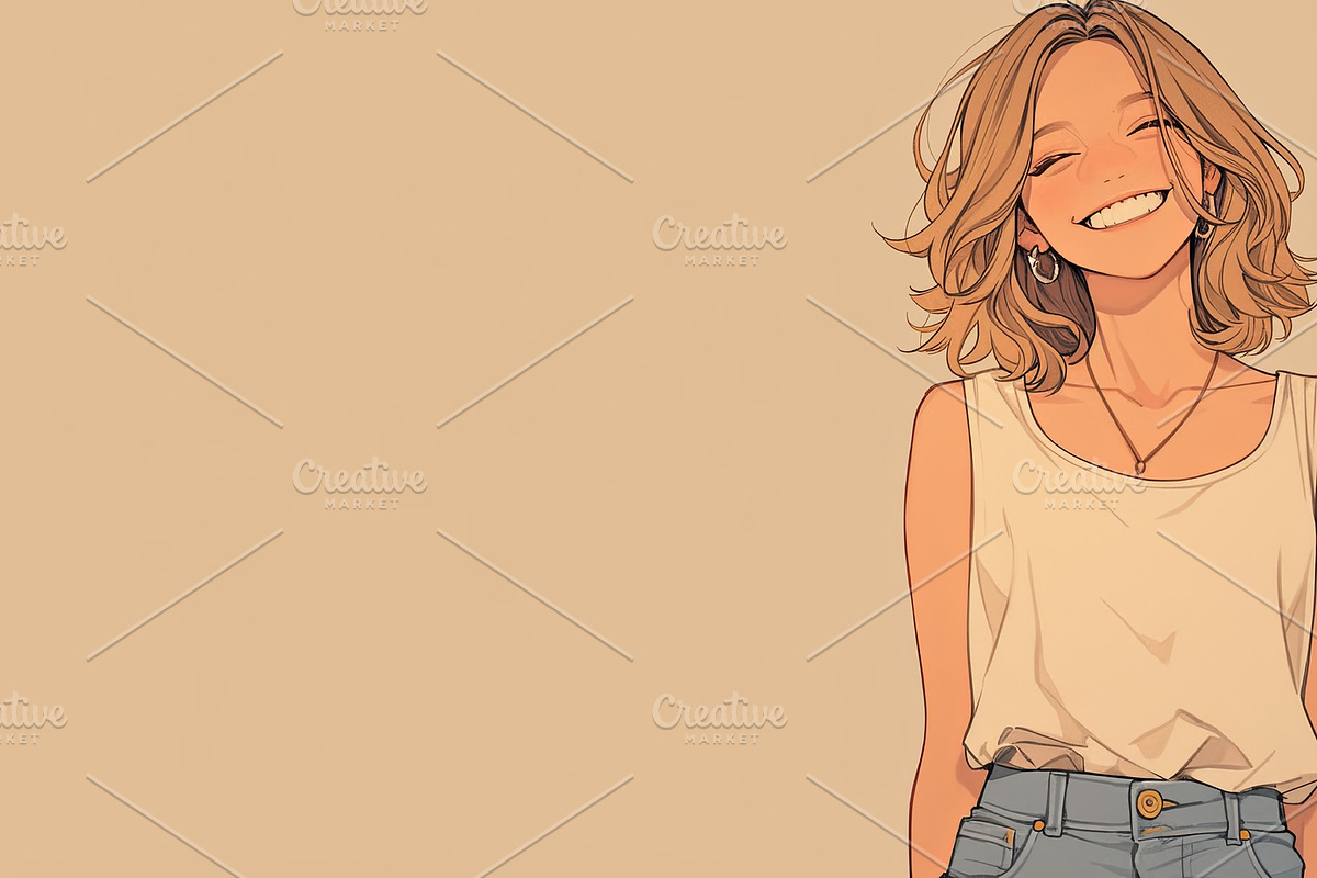 Smiling woman with blonde hair and casual outfit in modern illustration art, an Illustration by AS photostudio
