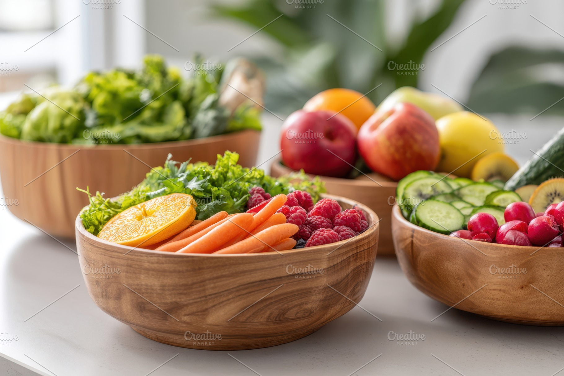 Fresh fruits and vegetables on kitchen counter, a Food & Drink Photo by AlyaAnd