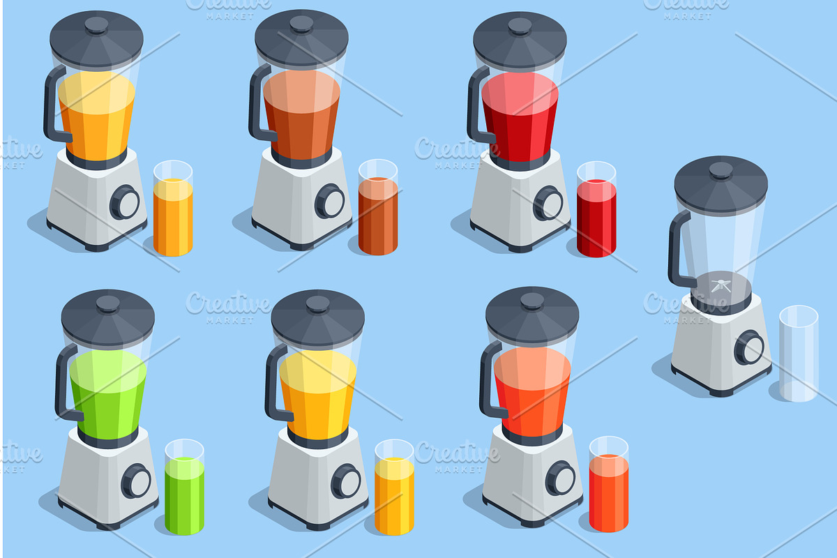 Blender juice set. Isometric blender, a Food Illustration by Golden Sikorka