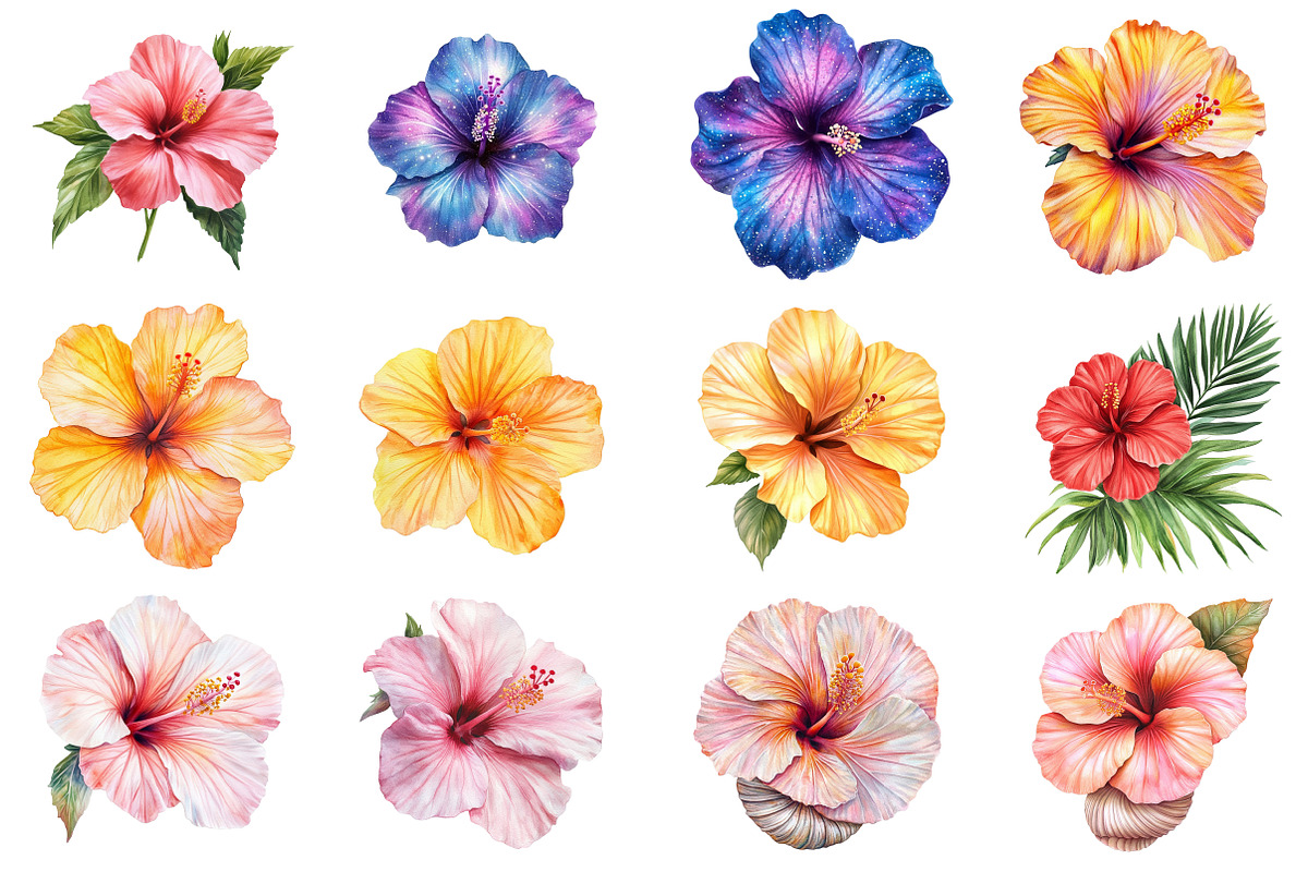 Watercolor Hibiscus Flowers Clipart, an Illustration by CitraGraphics (Photo 4 of 4)