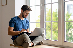 Student sitting by a window with a laptop and notebook, writing, a School & Education Photo by DanFLCreativo