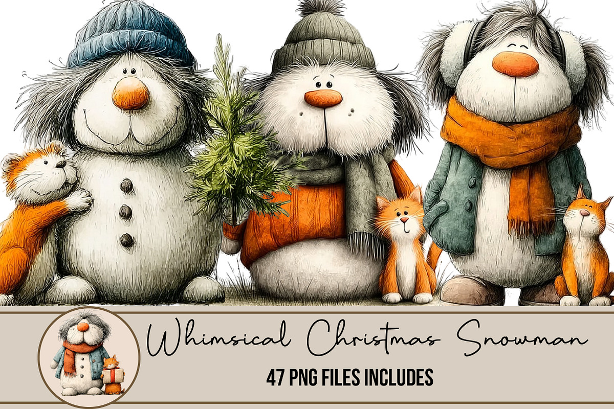 Whimsical Christmas Snowman Clipart, an Illustration by DreamArtGraphic (Photo 1 of 5)