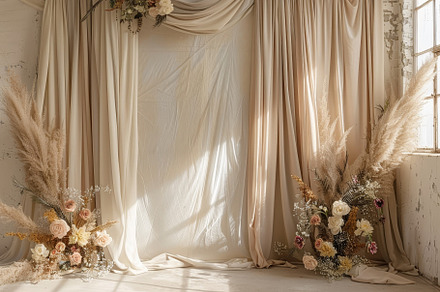 A beautifully arranged floral backdr, a Photo by Tanuart