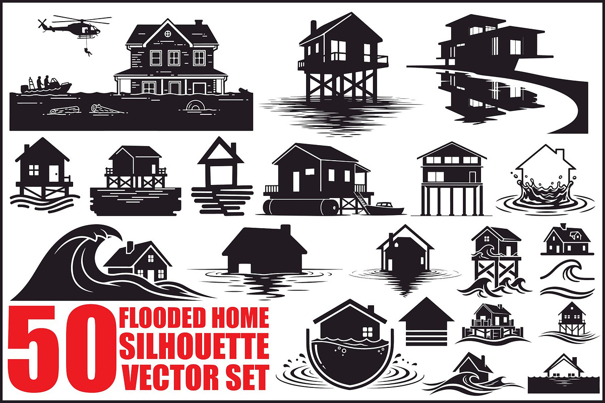 50 Flooded Home Silhouette Bundle, an Illustration by Designs_River (Photo 1 of 51)