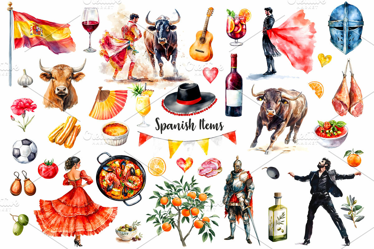 Watercolor Spain symbols clipart, an Illustration by Art and Funny (Photo 2 of 4)