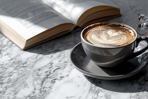 Cup of cappuccino, book and glasses, a Food & Drink Photo by MistyDay