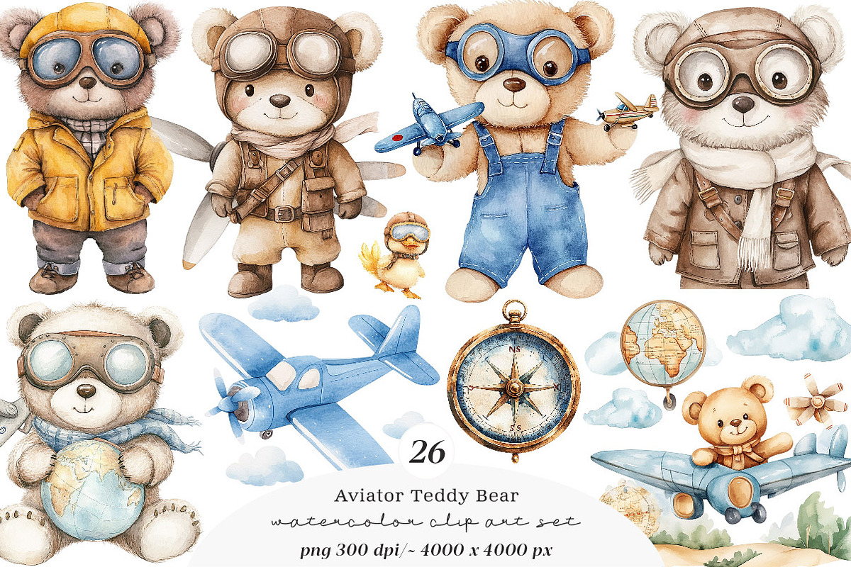 Aviator Teddy Bear Clipart, a Work Illustration by SinaCreation (Photo 1 of 7)