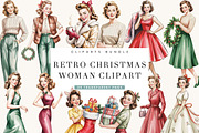Retro Christmas Woman Clipart Bundle, a Person Illustration by BusyDaydesign (Thumbnail 1 of 9)