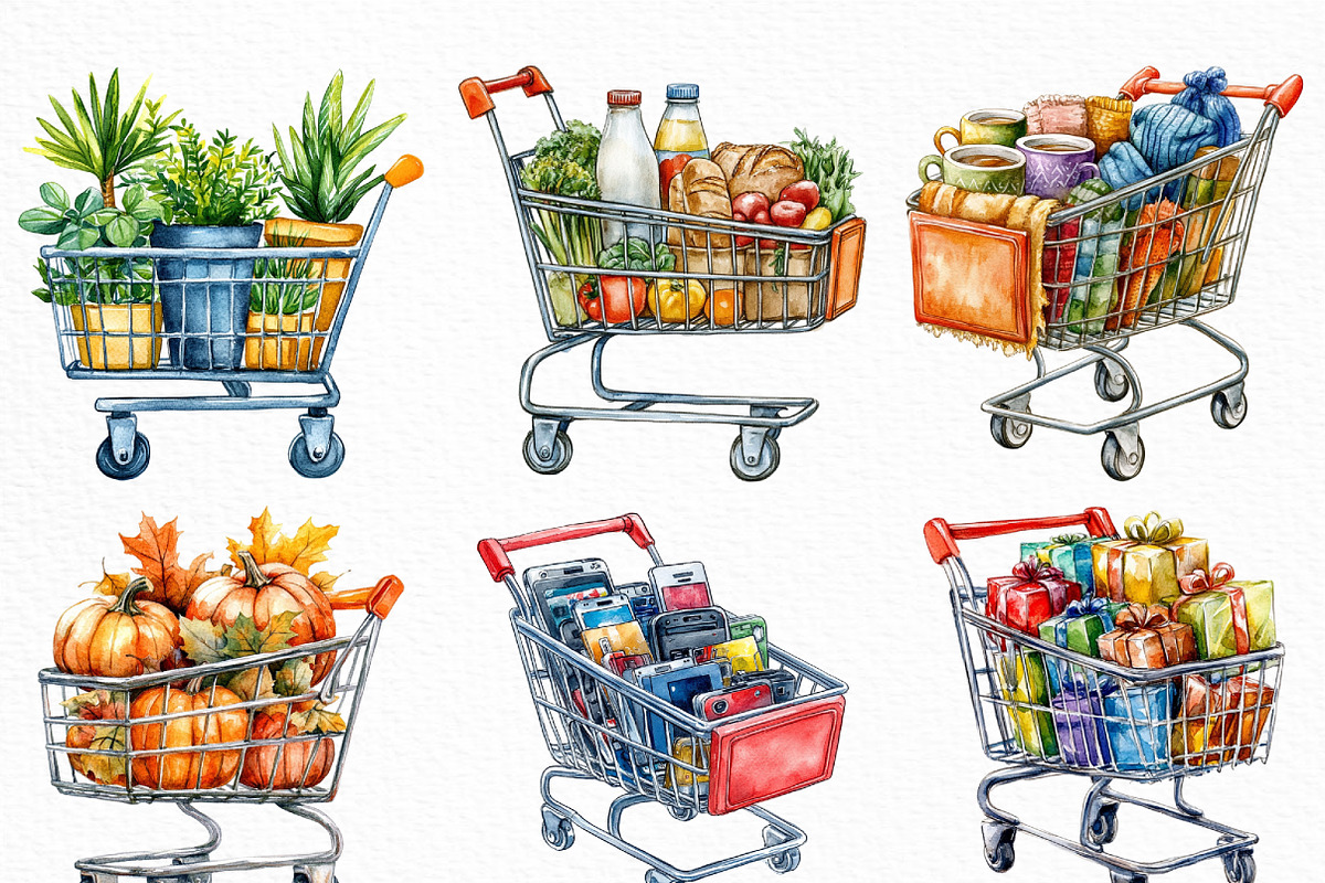 Watercolor Shopping Cart Clipart, an Illustration by Craft Nest (Photo 5 of 6)