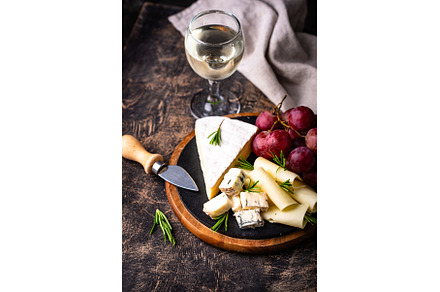 Different types of cheese, wine and