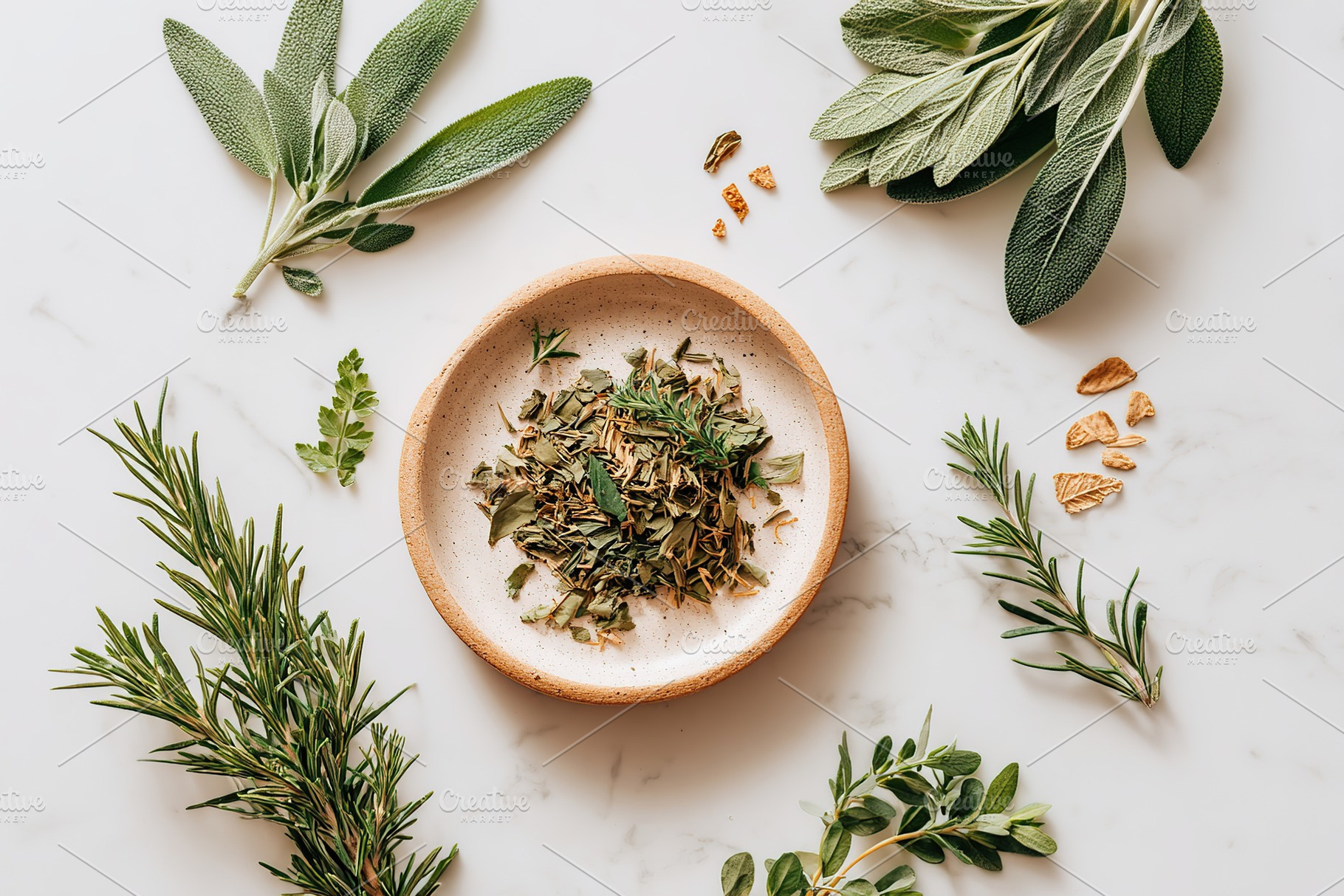 Dried herbal tea leaves carefully arranged on a plate with fresh herbs beside t, a Photo by AlyaAnd