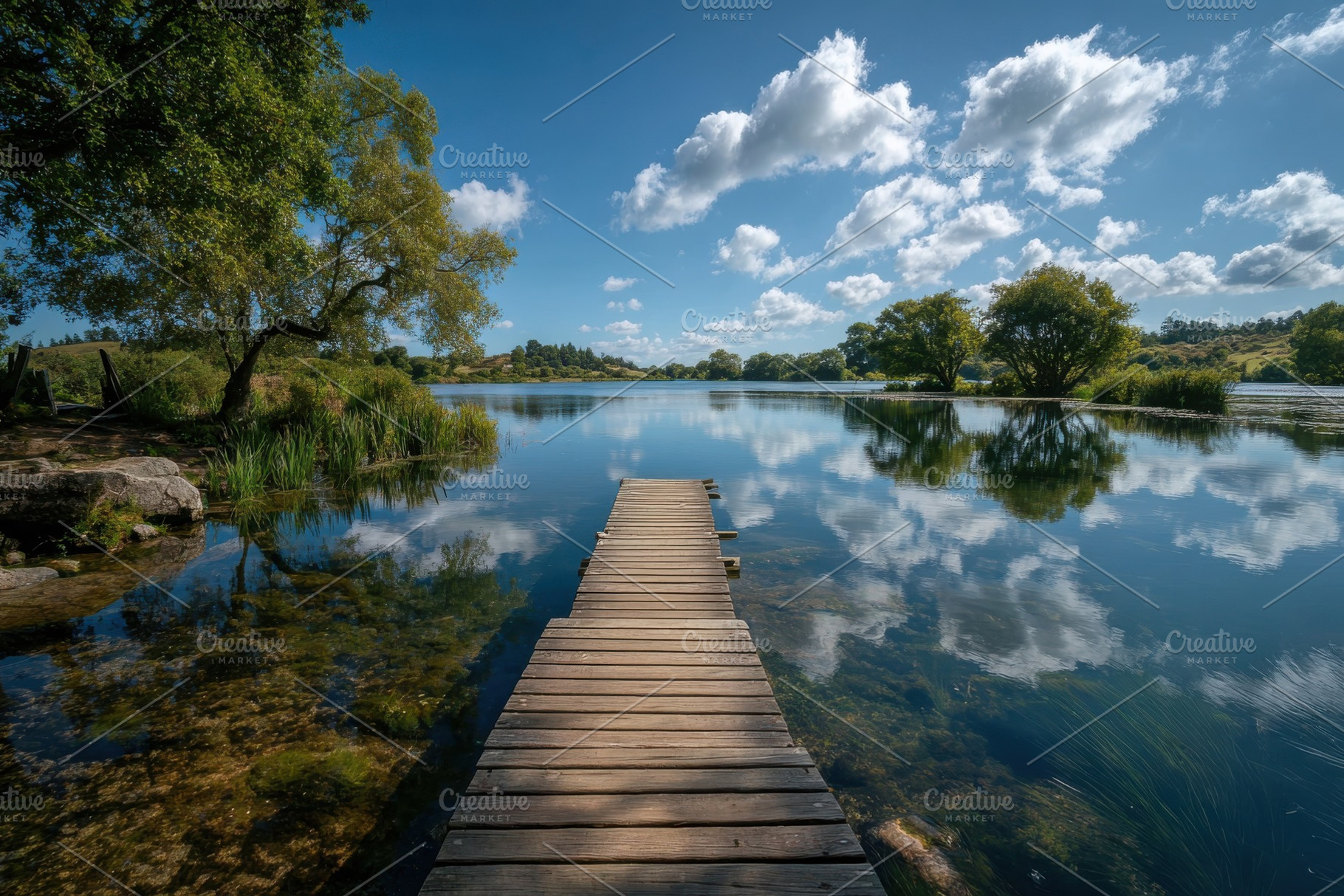 Wooden dock leading to a tranquil la, a Photo by Pixeness Studio