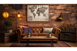 sofa rustic interior with poster ai, an Arts & Entertainment Photo by pikepicture