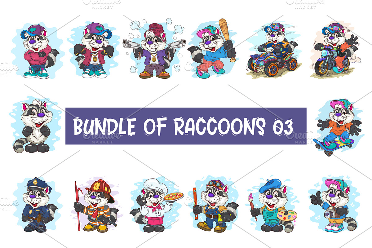 Set of Cartoon Raccoons 03. T-Shirt., an Animal Illustration by KENO Mascots (Photo 1 of 15)