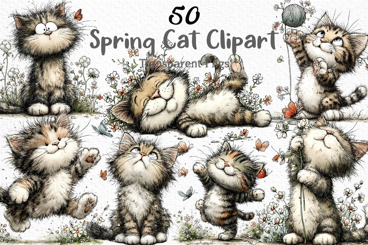 Whimsical Spring Cat Clipart, an Illustration by Craft Nest (Photo 1 of 12)