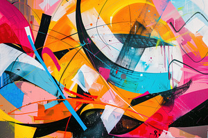 A Vibrant Abstract Graffiti Painting Featuring Bold Colors Like Pink, Orange, B