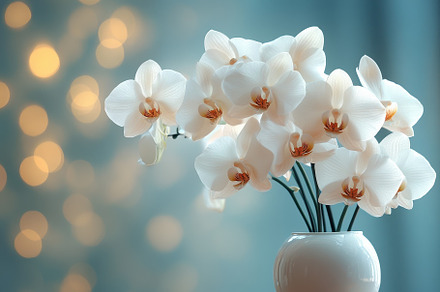 Elegant white orchids in a vase with, a Photo by Tanuart