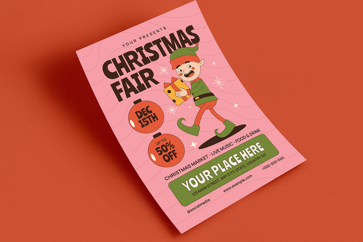 Retro Groovy Christmas Fair Flyer, a Flyer Template by VectorVactory (Photo 4 of 7)