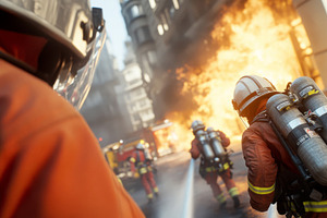 Firefighters tackling intense blaze with flames and smoke, emerg, a Photo by Dvoevnore photos