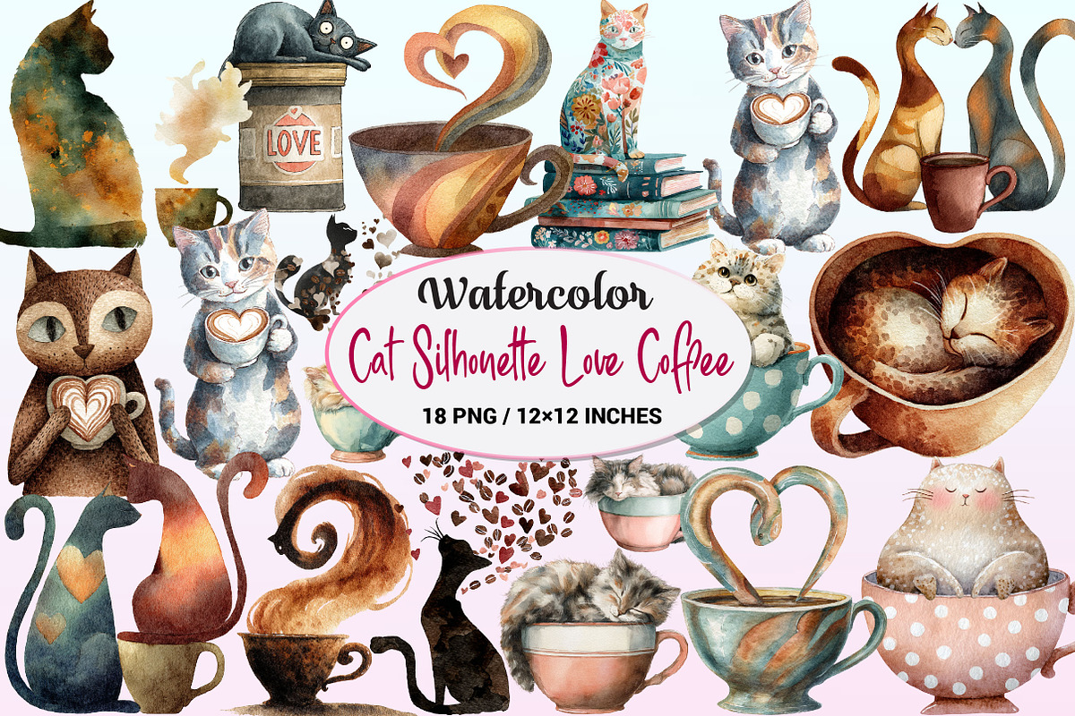 Cat Silhouette Love Coffee Clipart., a Graphic by CitraGraphics (Photo 1 of 4)