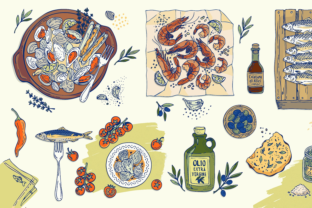 Hand drawn mediterranean seafood, a Food Illustration by Zimages (Photo 3 of 3)