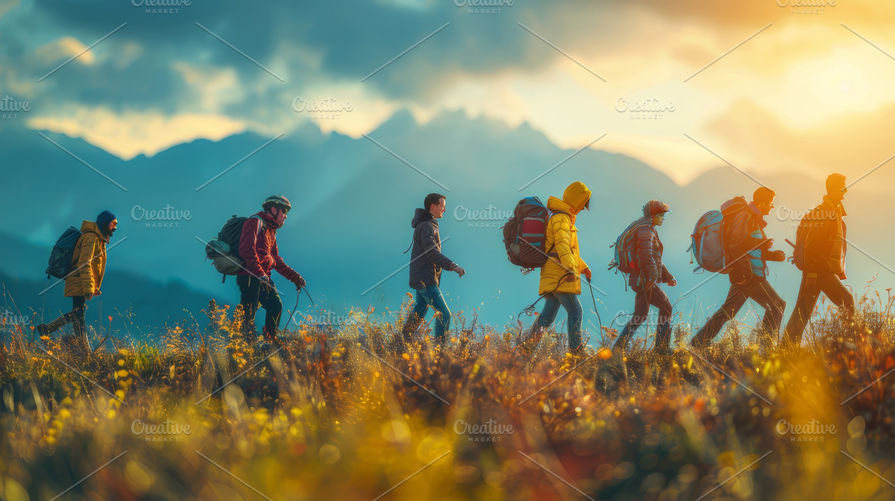 Group of Hikers Trekking Through Mountain Terrain at Sunset, a Photo by AS photostudio