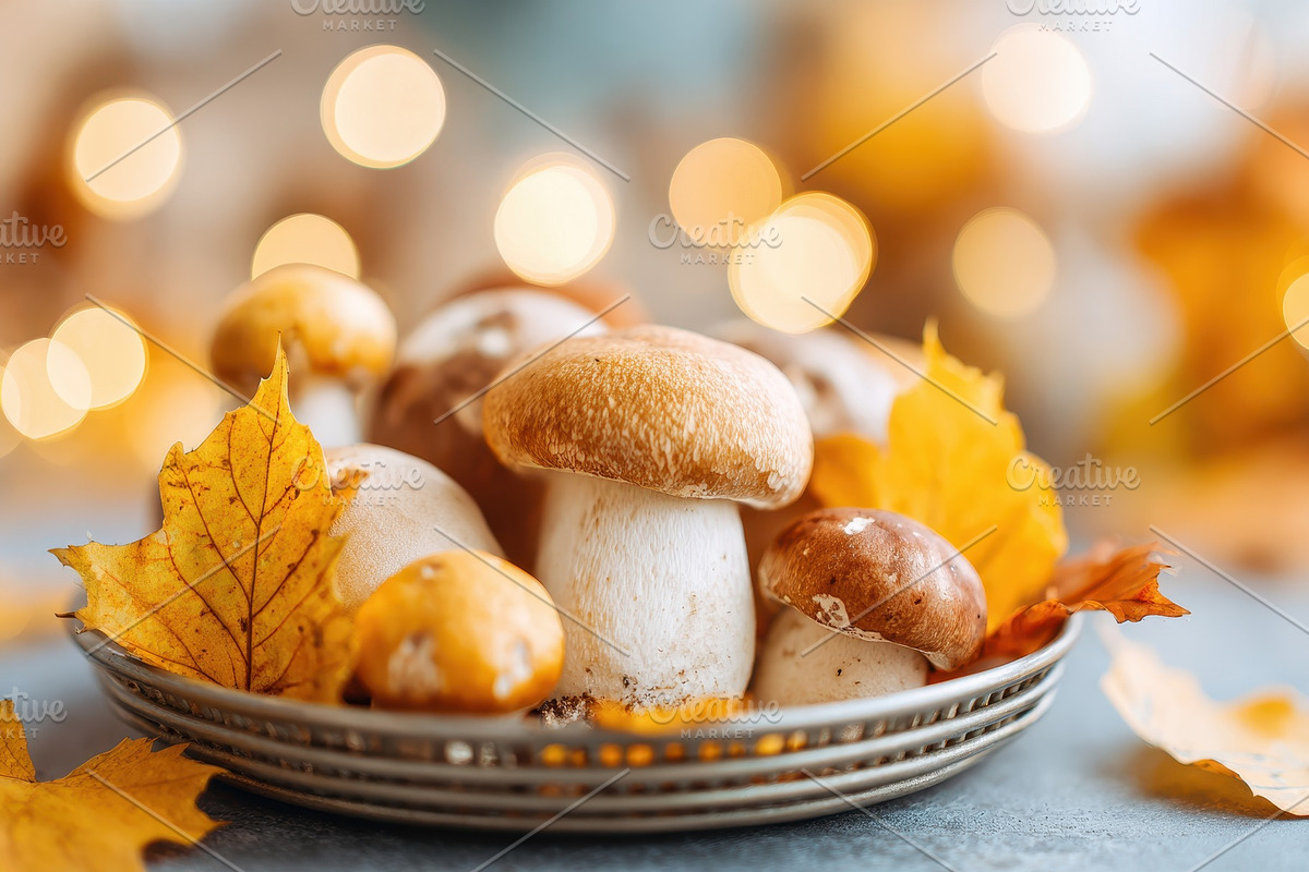 Fresh mushrooms with autumn leaves and pumpkins, a Food & Drink Photo by AlyaAnd (Photo 2 of 2)