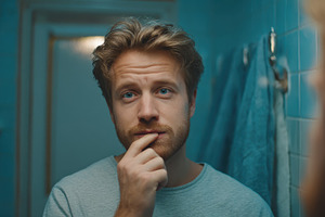 Man looking in mirror thoughtful exp, a Photo by Pixeness Studio