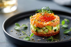 Exquisite salmon tartare served on a black plate with fresh herbs in a modern r, a Food & Drink Photo by AlyaAnd