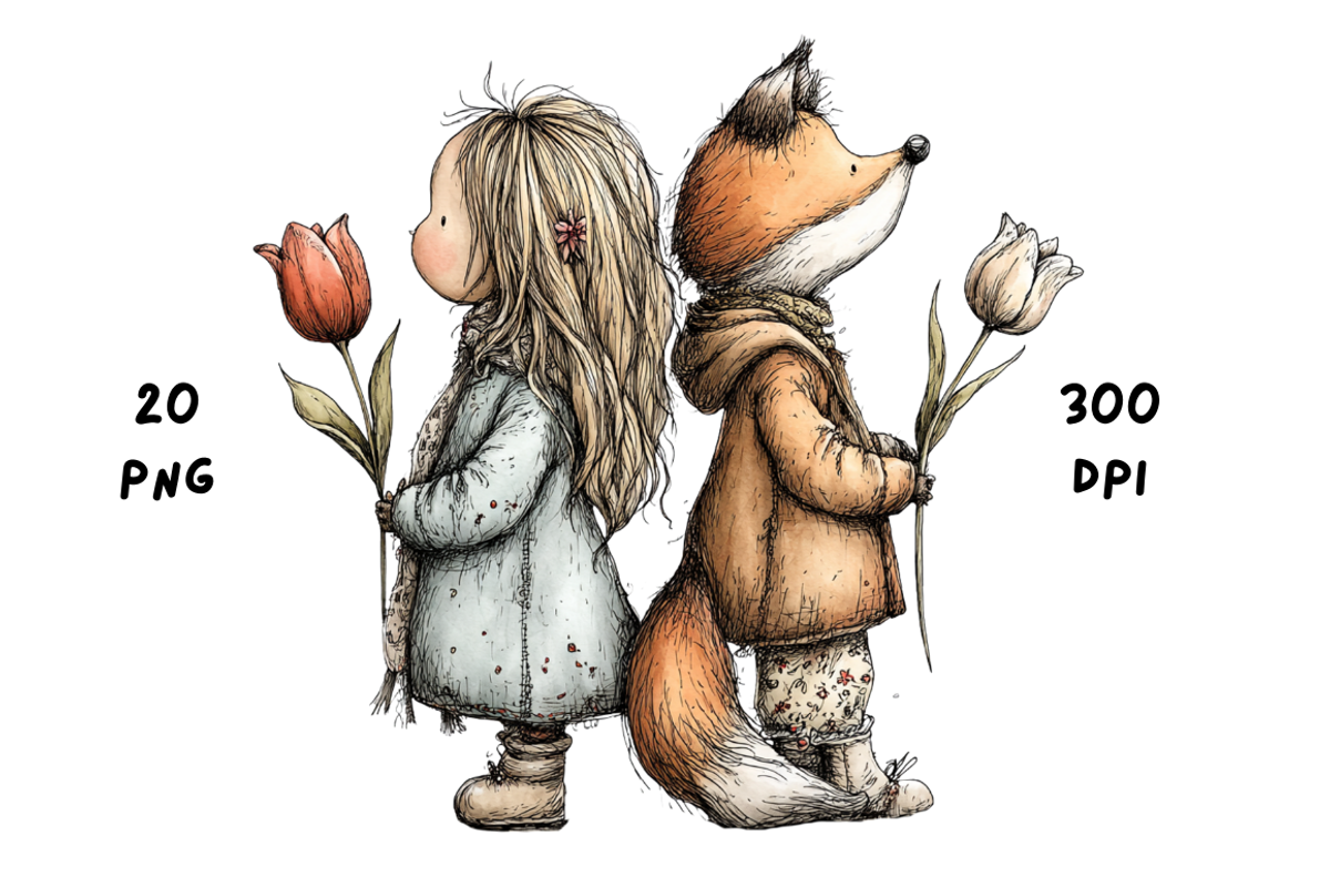 Whimsical Floral Girl & Fox Clipart, an Animal Illustration by GiraffeCreative (Photo 3 of 20)