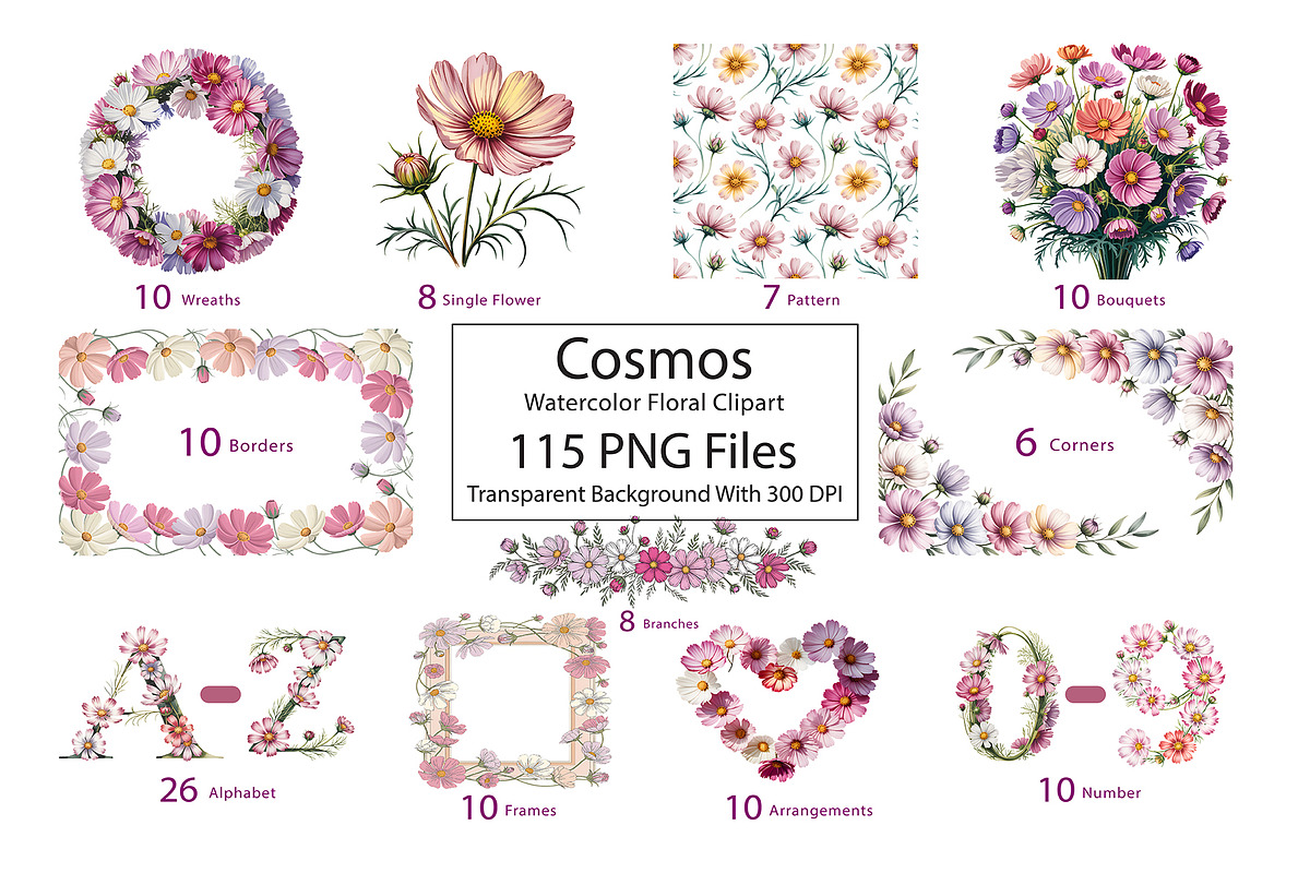 Cosmos Watercolor Floral Clipart, a Decorative Illustration by ForhadGFX (Photo 3 of 15)