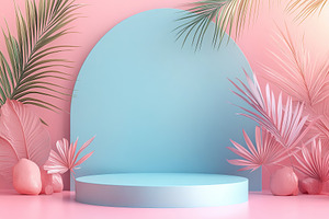 Empty summer podium surrounded by pink and blue tropical elements for creative, a Background Photo by AlyaAnd