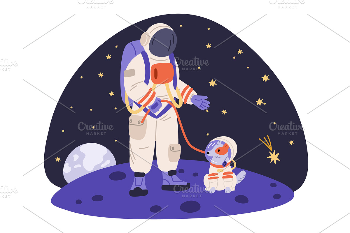Astronaut with dog in spacesuits on, an Animal Illustration by Vectorbuum