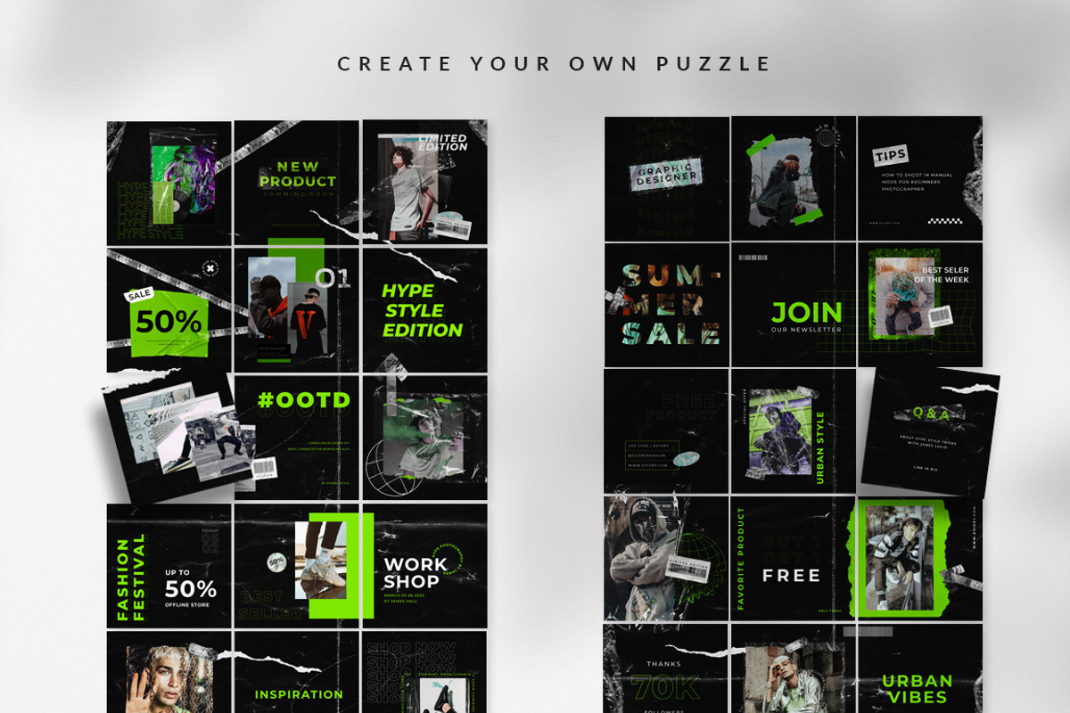 Instagram Puzzle NEON - PS & Canva, a Social Media Template by Eviory