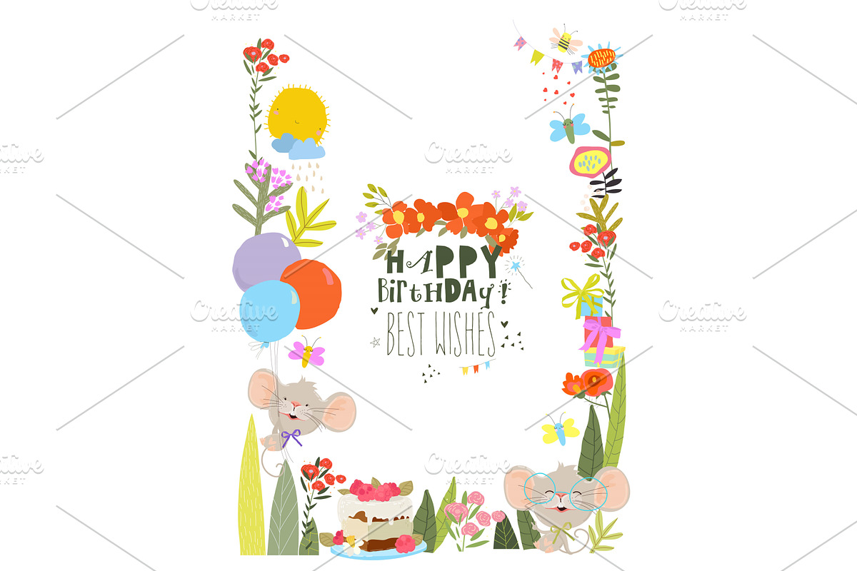 Floral Frame with Cute Funny Mouse, an Object Illustration by Maria Starus