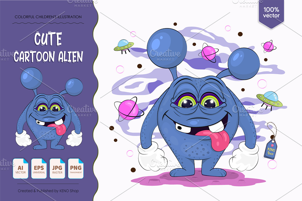 Cute cartoon alien. Tshirt, PNG., an Animal Illustration by KENO Mascots (Photo 1 of 4)