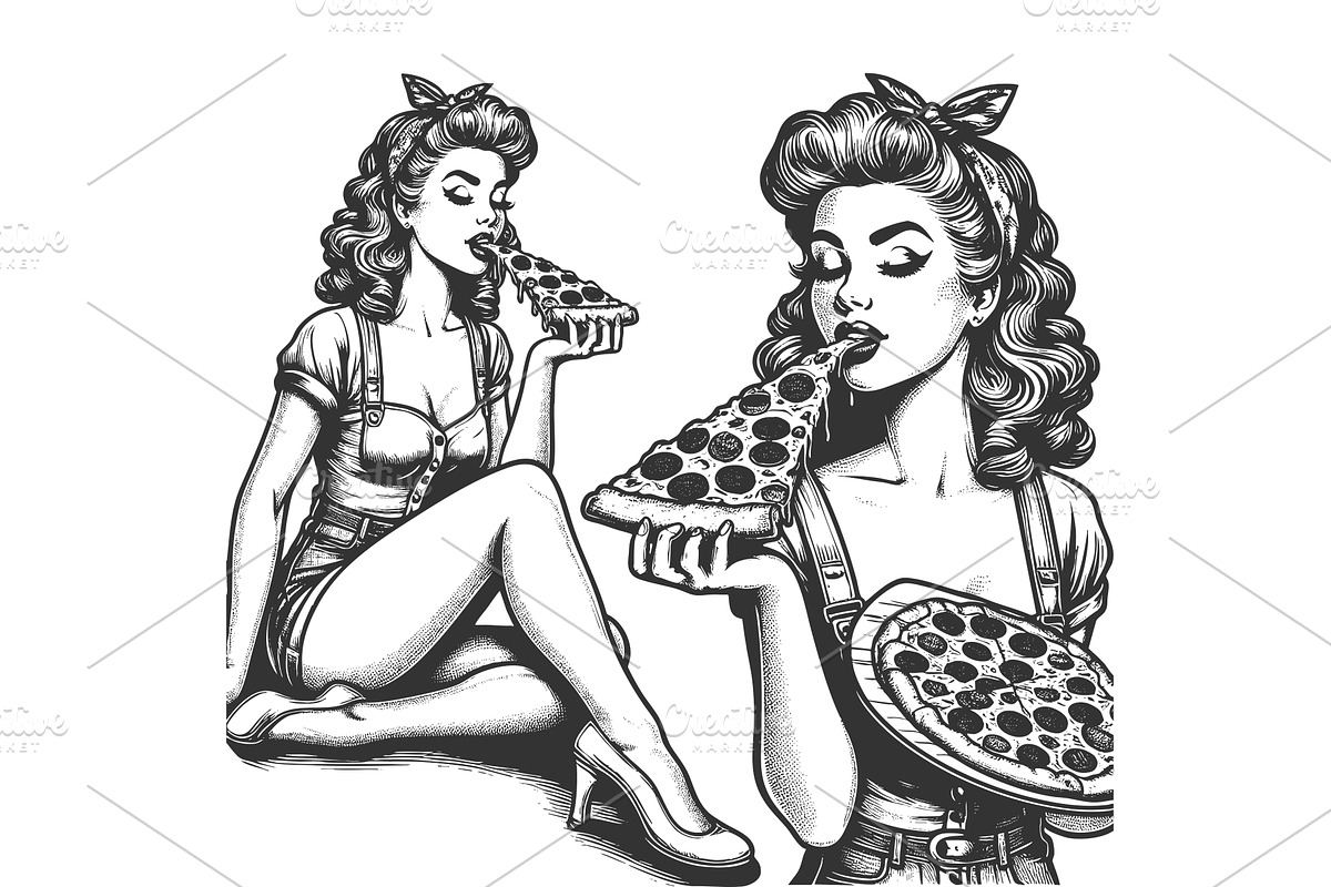 Woman eats Pizza engraving vector, a Person Illustration by AlexArt
