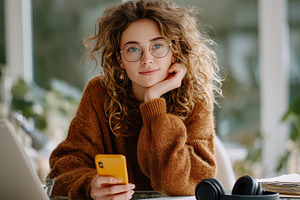 Young woman with curly hair glasses, a Photo by Pixeness Studio