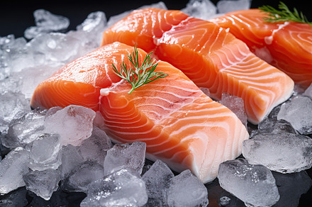 Fresh salmon fillet with ice on black background, a Food & Drink Photo by AlyaAnd