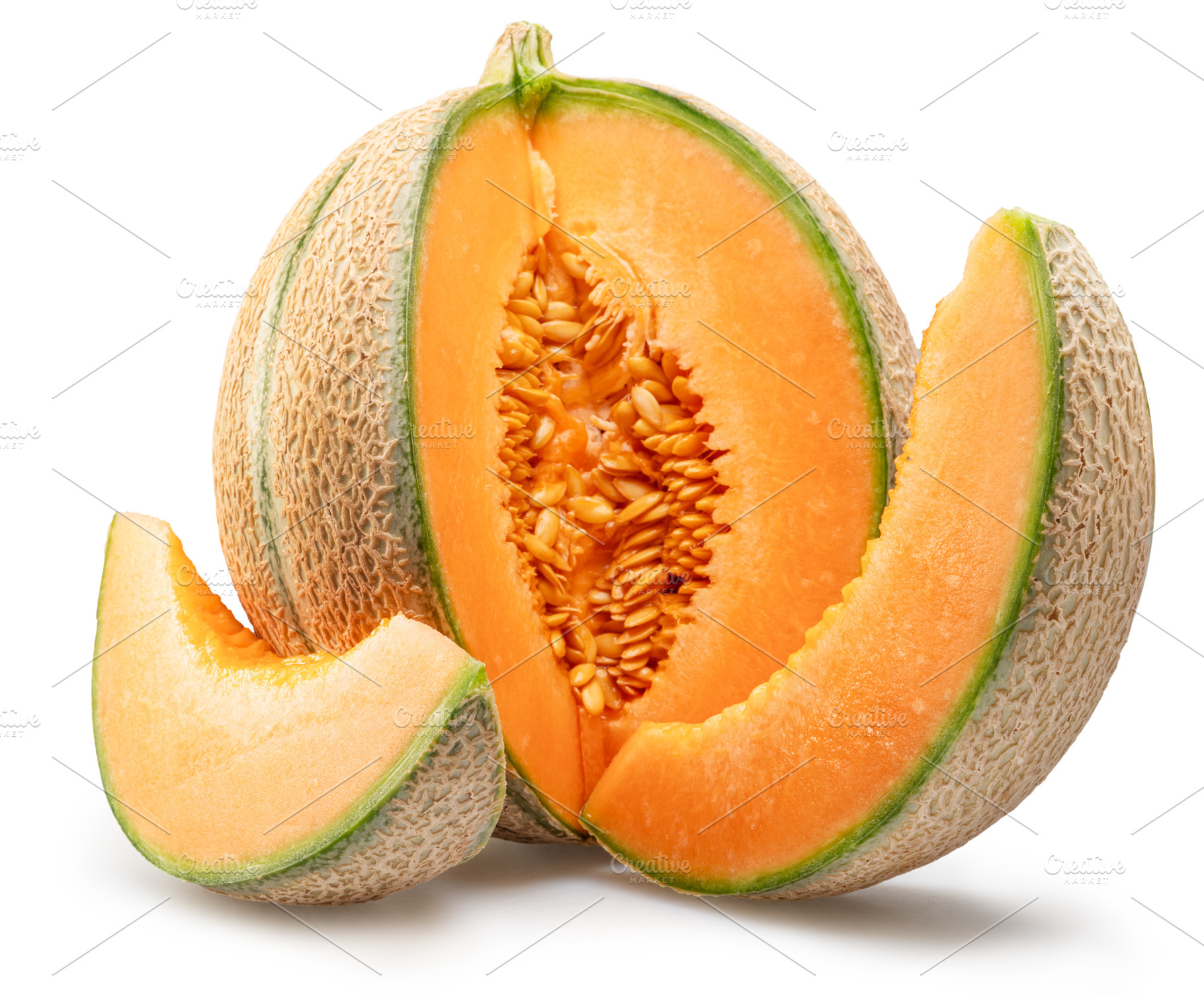 Cantaloupe melon and melon slices isolated on white background., a Food & Drink Photo by Volff