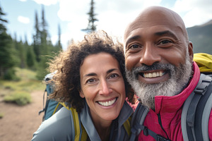 Middle aged couple walking on forest path with backpacks in summ, a Photo by Dvoevnore photos