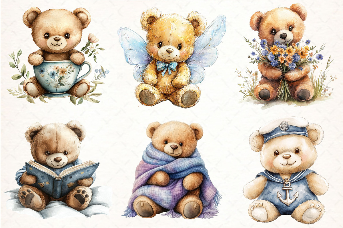 Watercolor Cute Teddy Bear PNG, an Illustration by Pixels.Craft (Photo 3 of 7)