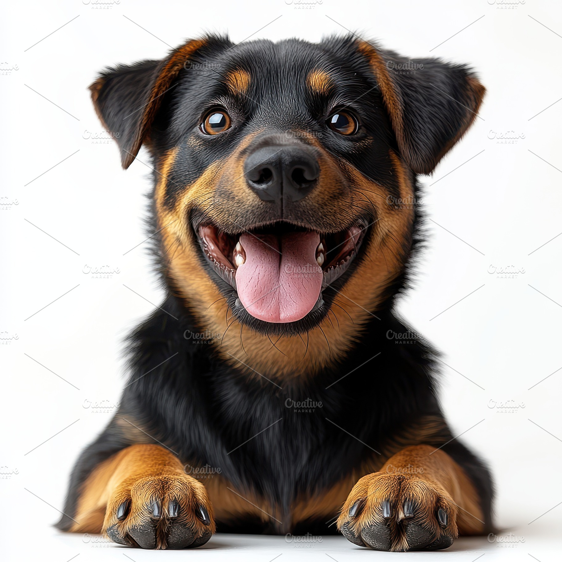 Happy puppy black tan fur paws playf, an Animal Photo by Pixeness Studio