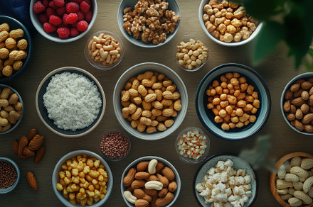 Variety of nuts and fruits arranged, a Photo by Tanuart