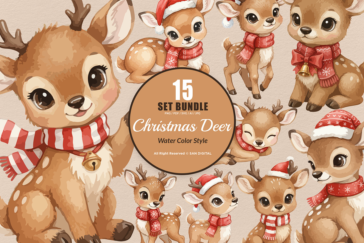 15 Bundle Watercolor Christmas Deer, an Animal Illustration by Morspective (Photo 1 of 8)