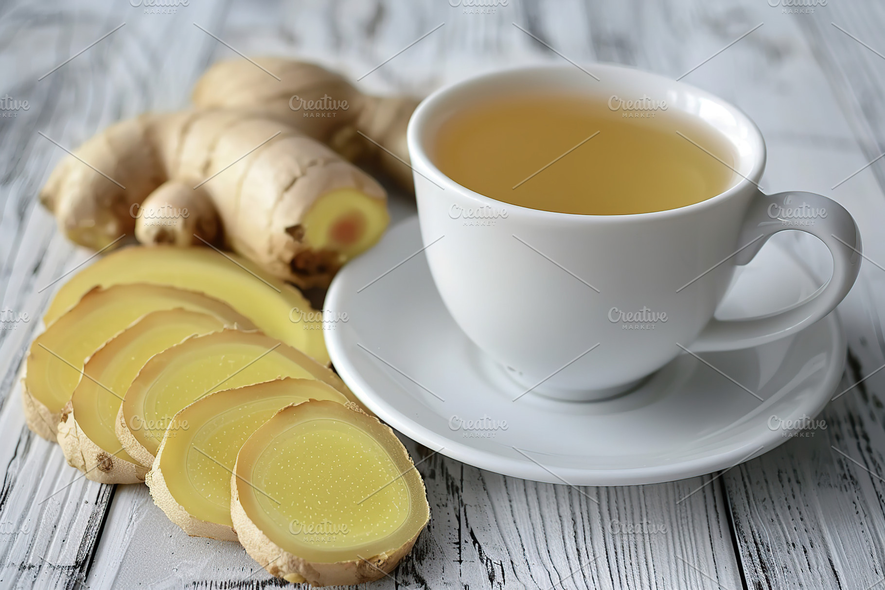 Cup of ginger tea with sliced ginger root on wooden table, a Food & Drink Photo by AlyaAnd